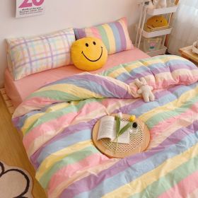 Color: Purple pink grid, Bedding Size: A2A - Rainbow Strips Korean Princess Style Bedding Cotton Girl Heart Sheet Duvet Cover