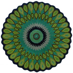 3' Round Green Peacock Feather Area Rug