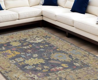 9' X 13' Gold Blue and Purple Wool Oriental Hand Knotted Area Rug With Fringe