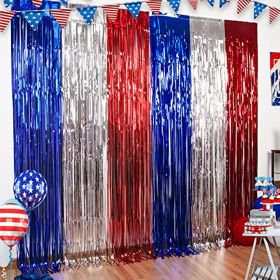 LOLStar 4th of July Decorations; Red White and Blue 3 Pack Tinsel Foil Fringe Curtains; Photo Booth Prop Streamer Backdrop for America Patriotic (Color: Red White and Blue, size: 9.9X9.9 FT)