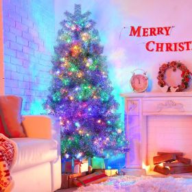 6FT Sliver Pre-Lit Artificial Christmas Tree, Hinged Full Tree with Metal Stand, 800 Branch Tips, 300 LED Lights,11 Lighting Modes (Color: as Pic)