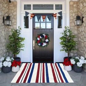 1pc 4th of July Patriotic Door Mat - Blue White Red Striped Welcome Mat with Stars & Stripes Design, Durable Non-Woven Fabric & Rubber Backing (Color: 30"x 18")