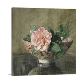 Camellia In Old Chinese Vase On Black Lacquer Table (Type: Standard Framed Canvas Print, size: 24" x 24" / 60cm x 60cm (approx))