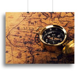 compass on vintage world map Canvas Print or Poster (Type: Poster Print, size: 12" x 8" / 30cm x 20cm (approx))